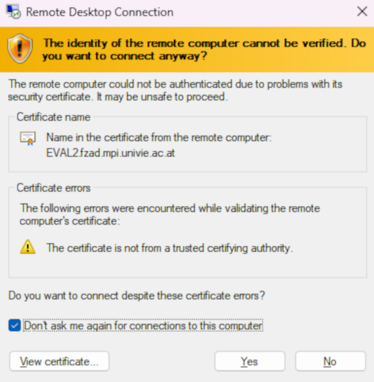 Screenshot einer Warnung, die besagt, dass das Zertifikat des Computers nicht gültig ist.