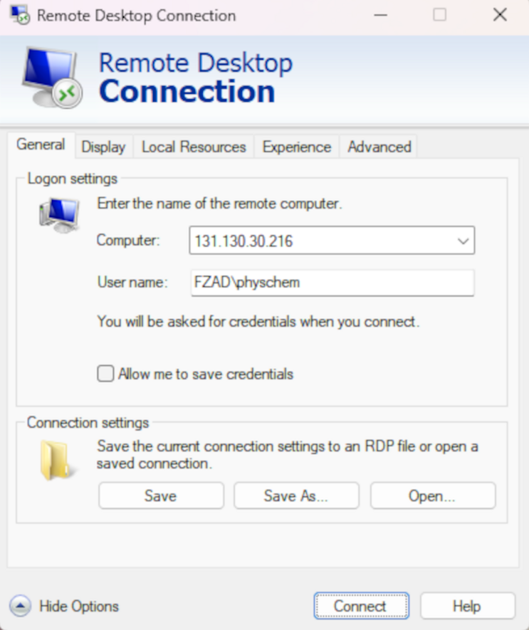 Screenshot des Windows Programms "Remote Desktop Connection"