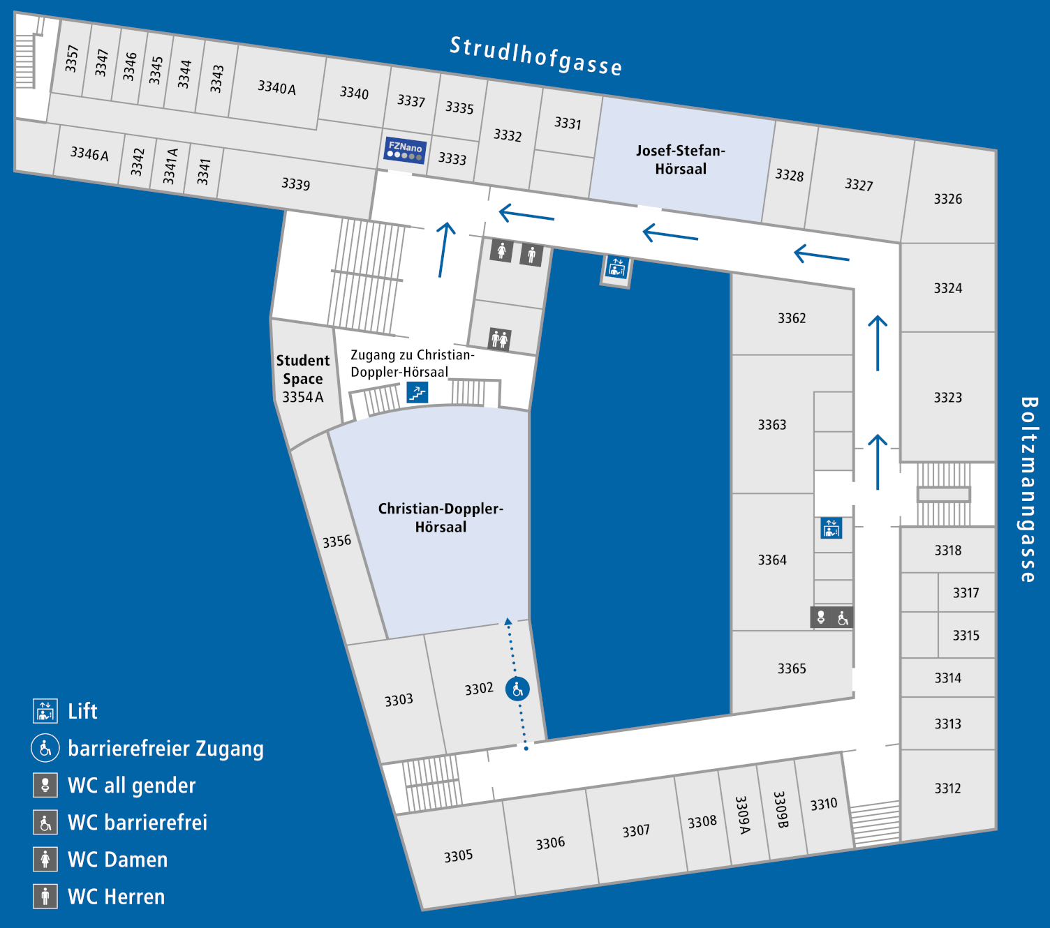 Floor plan of the third floor. Arrows indicate the route to FZNano